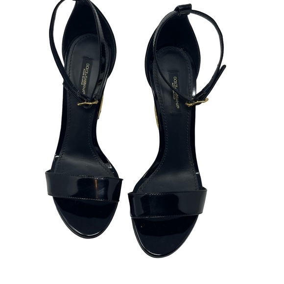 Dolce&Gabbana Black Gold Sculpted-Heel Baroque DG Patent Leather Sandals sz 38 8 - Picture 2 of 13